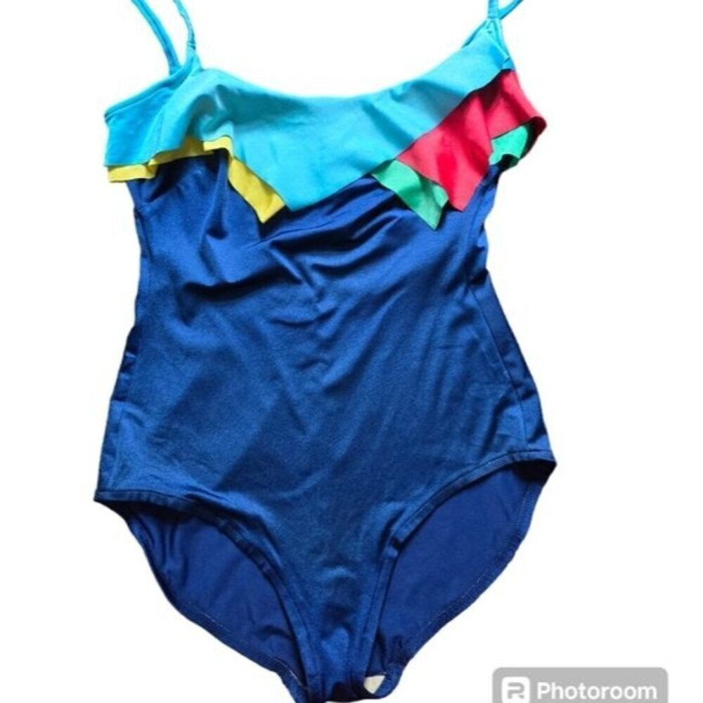 Vintage Blue Primqry Colors Ruffled Top One Piece Swimsuit Made in USA